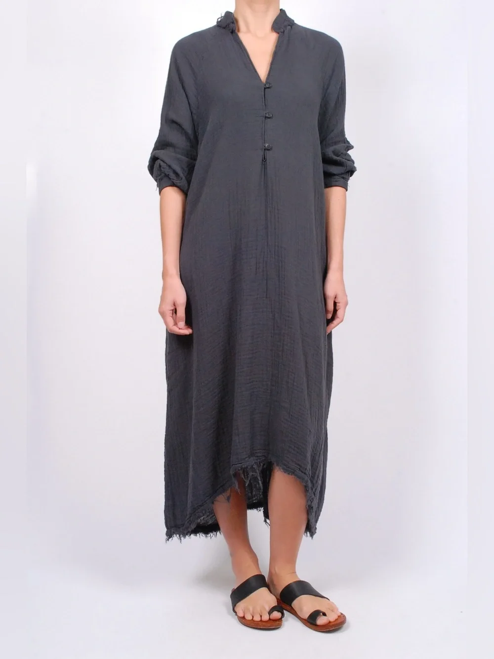 Black Crane Double Gauze Cotton Oversized Raw Edge Dress Dark Grey - Small